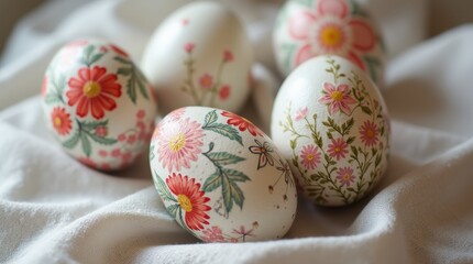 Hand-painted Easter eggs with floral and geometric patterns on linen fabric