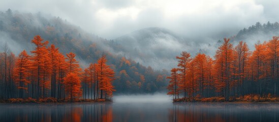 Misty autumn lake with vibrant orange trees on small islands, surrounded by foggy mountains.