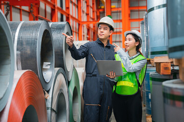 Female Professional expertise inspector and engineering of are checking or examining the quality of Plate rolling metal sheet with order of industry or factory, Rolling machine quality safety control.