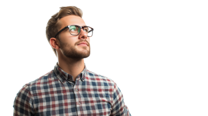 Graphic designer in a smart-casual business outfit, looking creative and inspired, isolated on a white background,