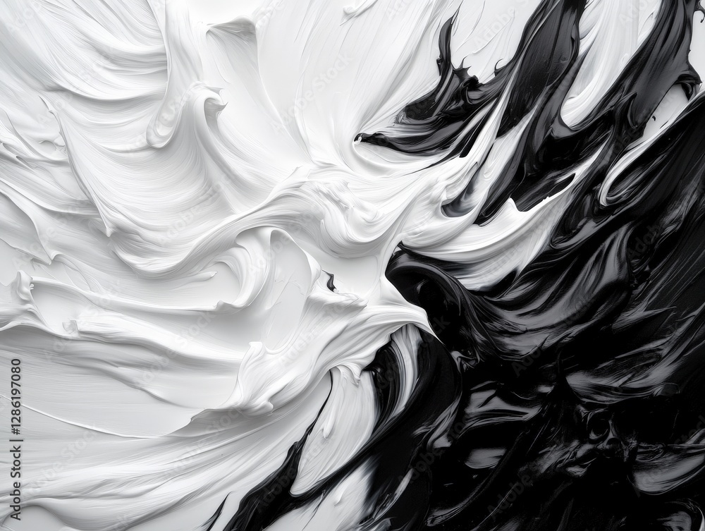 Poster black and white liquid paint flow with high contrast swirling patterns and fluid motion creating dyn