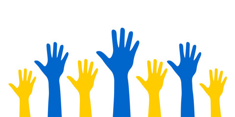 Banner with a row of raised blue and yellow hands isolated on a transparent background. Concept of voting, elections and human rights in Ukraine. Vector illustration