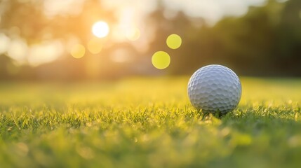 A close-up view of a golf ball on green grass during sunset, capturing the essence of a serene golfing experience.