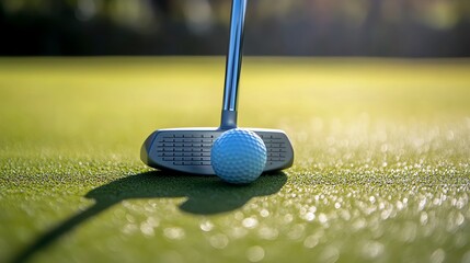 A close-up view of a golf putter and ball on green turf, capturing the essence of precision and focus in the game of golf.