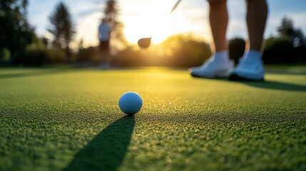 A golfer prepares to swing at sunset, highlighting the golf ball on vibrant green turf with beautiful light casting long shadows.