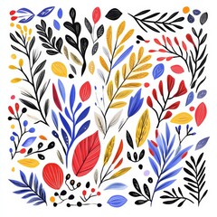 Decorative botanical pattern with vibrant floral elements in colorful modern folk art style featuring symmetrical leaves and blooming flowers creating seamless visually captivating composition