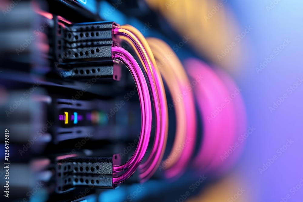 Aufkleber futuristic data network server with neon glowing fiber optic cables symbolizing high speed internet 
