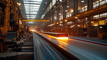 Vibrant Steel Production Line in a Modern Metal Industry Factory with Hot Steel Slab Moving on Conveyor Belt