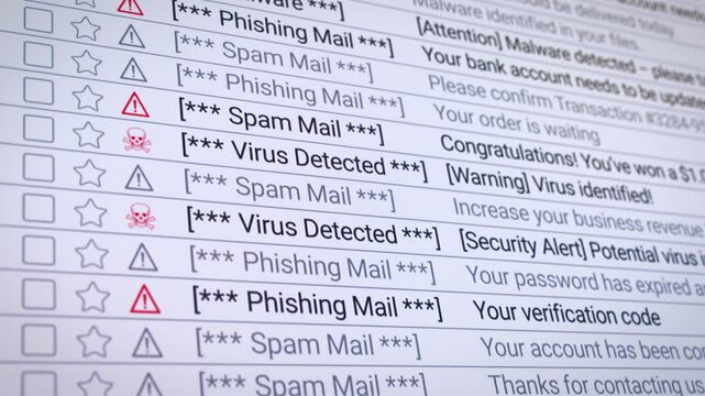 Video animation of a scrolling list in the internet browser with detected virus, spam, phishing and malware emails - seamless loop in close-up.
