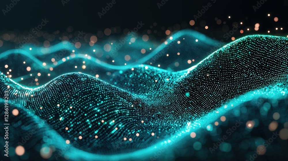 Poster a stunning computer generated image depicting an abstract wave design in motion