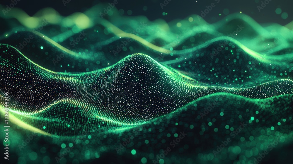 Poster a dynamic green wave pattern enhanced with dots representing flow and movement