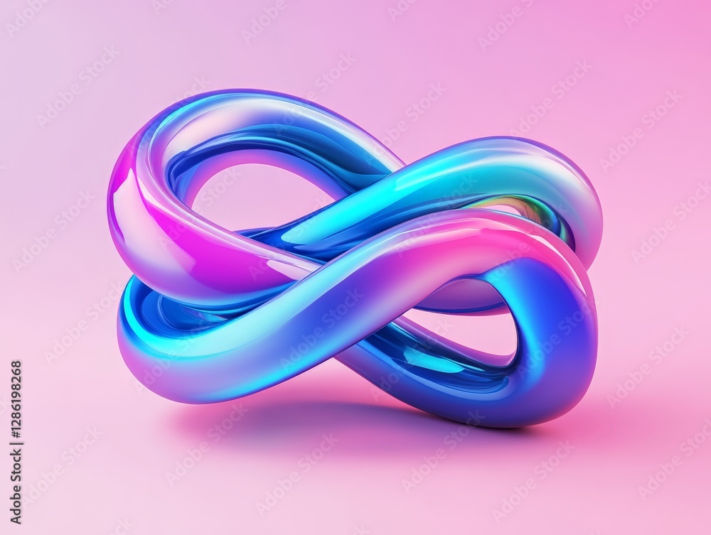 Poster futuristic 3d intertwined infinity loop with metallic neon hues suspended in glowing pastel gradient