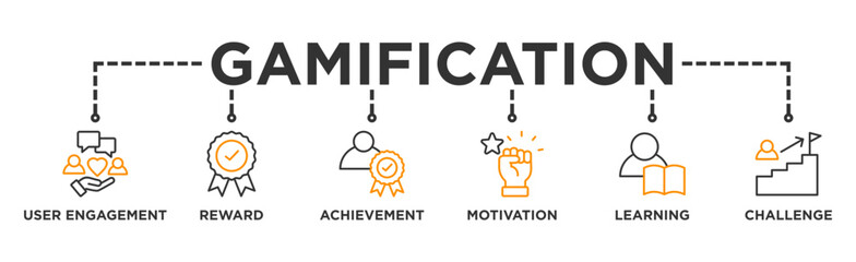 Gamification banner web icon vector illustration concept with icon of user engagement, reward, achievement, motivation, learning, and challenge