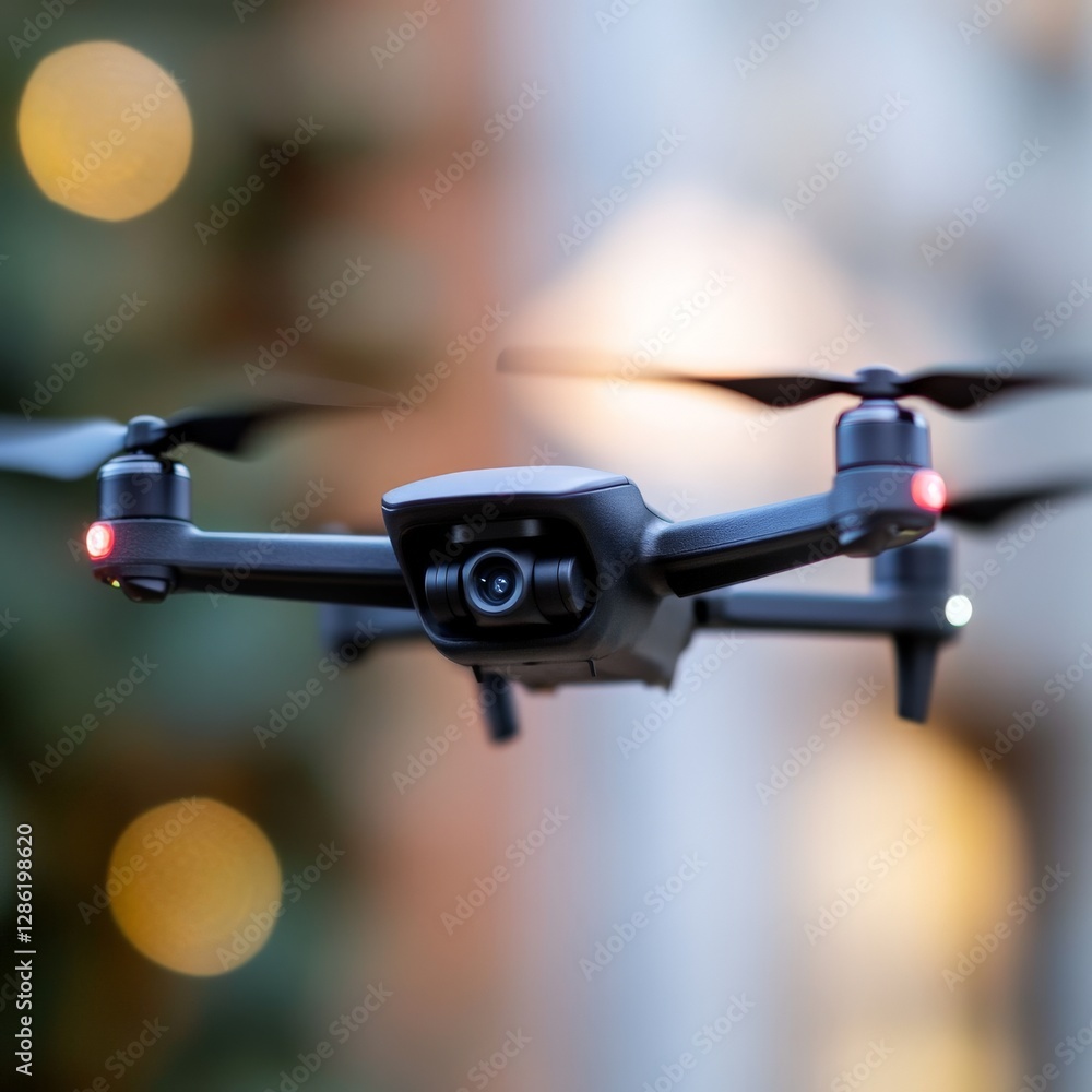 Poster high tech drone in mid flight with blurred background capturing cutting edge aerial technology autom