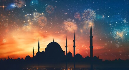 Fototapeta premium A beautiful sky with fireworks and stars, the silhouette of a mosque in front of it,