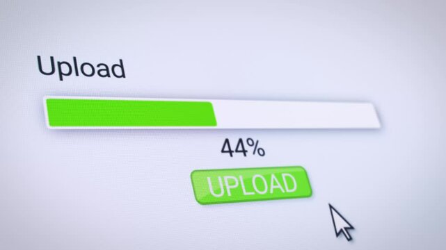 Video animation of a website with a green upload button. A computer monitor that displays the information about the downloading of data with percentages in real time.