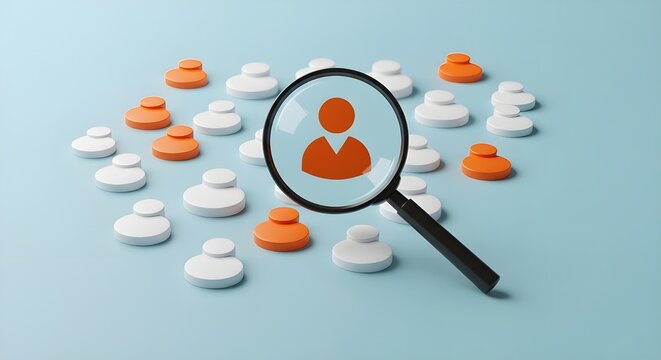 Ícono humano amarillo en lupa entre íconos blancos sobre fondo azul que simboliza el enfoque en el cliente, reclutamiento de recursos humanos y pancarta de gestión de CRM con espacio para copiar y det