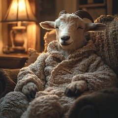 Naklejka premium Charming Goat Head in Farm Themed Glowing Pajamas under Rustic Barn Lamp