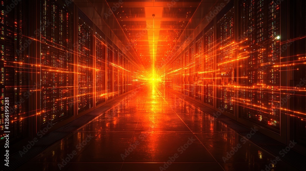 Poster long hallway featuring multiple rows of advanced computer servers in a data center environment