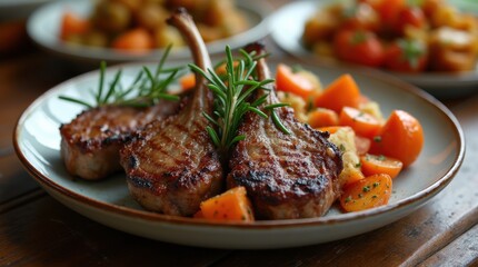 Fototapeta premium Grilled lamb chops with rosemary and roasted vegetables on a rustic table