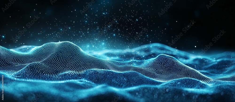 Poster abstract wave with dynamic dots. flow of particles. cyber technology depicted. 3d rendering