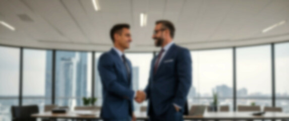 Blurred background depicting a side profile of executives in suits shaking hands, symbolizing successful deal