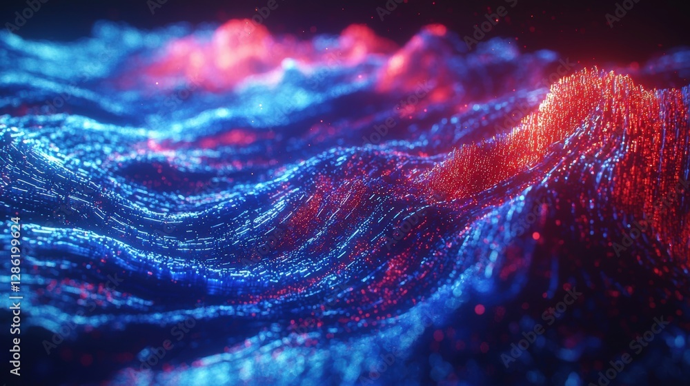 Poster a vibrant blue and red wave with illuminating red light creating a dynamic visual effect