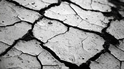 Closeup view of a rough cracked road surface revealing textural details