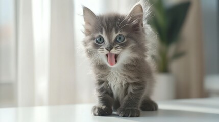 Cute Kitten Yawning Shows Tongue on Table with Indoor Background