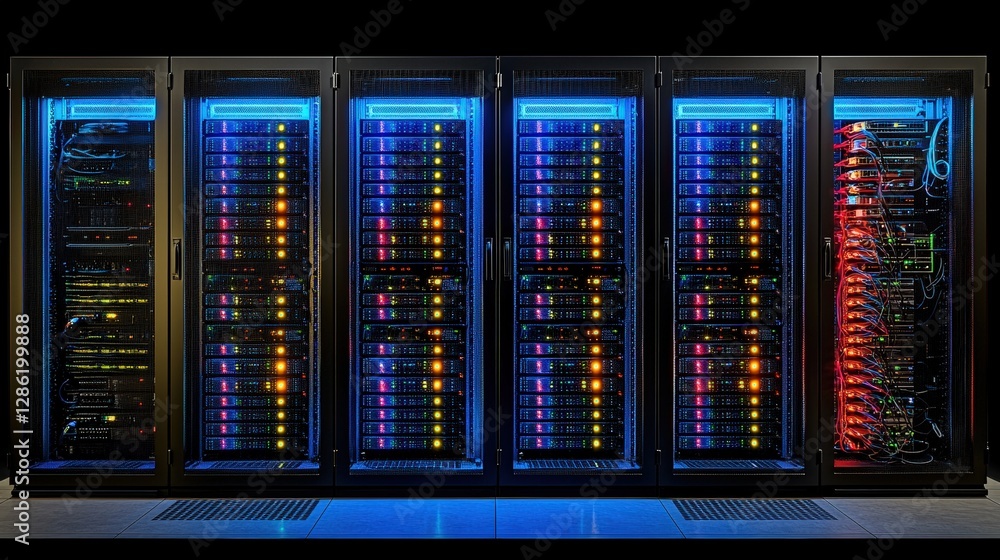 Poster a row of highdensity servers in a data center for network storage and management