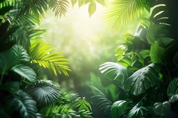 Lush green jungle with vibrant leaves illuminated by sunlight filtering through trees