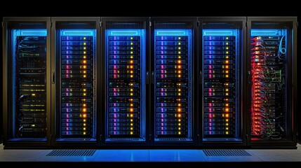 A row of highdensity servers in a data center for network storage and management