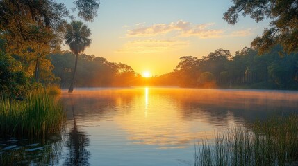 Obraz premium Sunrise over misty lake, Florida wilderness