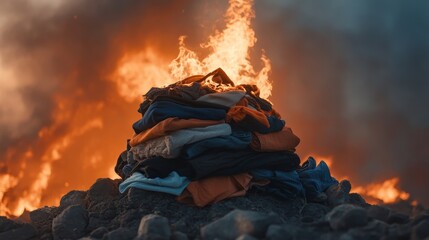 Reduction and Surplus concept, A pile of burning clothes against a dramatic, fiery background.