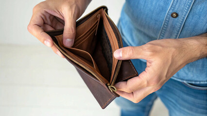 A dark brown leather wallet, held open to reveal its empty interior, is shown by a person wearing a denim shirt, implying financial hardship