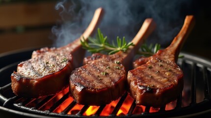 Lamb chops sizzling on an open-flame grill with rosemary and smoke rising