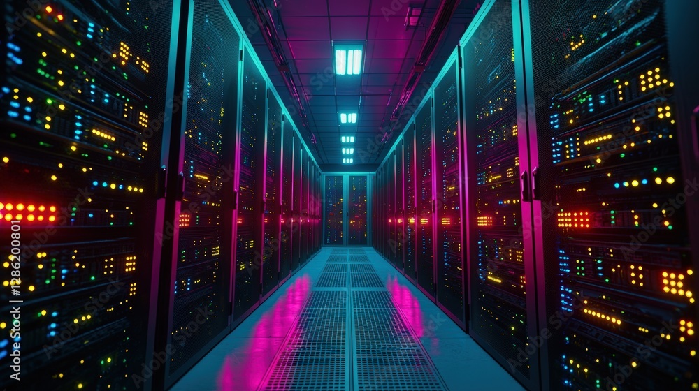 Poster expansive hallway lined with an array of servers in a technologically advanced data center