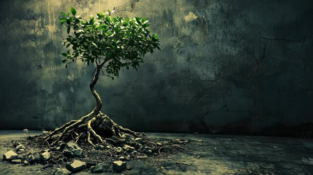 Resilience: A lone tree thrives amidst ruins, symbolizing hope and perseverance in the face of devastation.