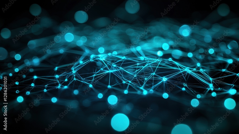 Poster dark background illuminated with an array of bright blue lights creating a mystical atmosphere