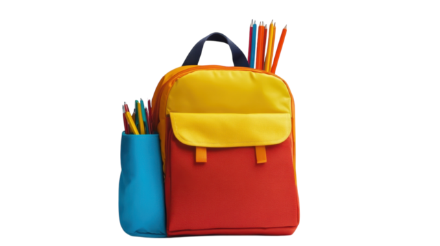 Colorful backpack with school supplies displayed on a plain background for educational purposes