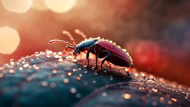 A close-up of a beetle on a dewy leaf, illuminated by soft, glowing light.