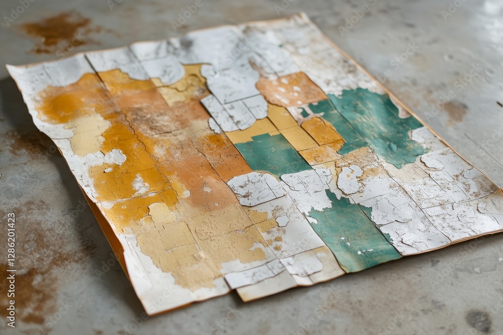 Poster weathered paper with abstract paint patterns in earthy tones on a textured surface.