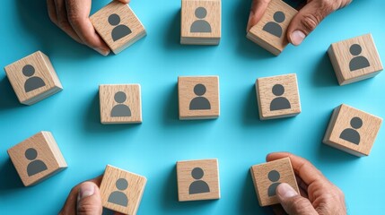 Hands holding wooden blocks with faces of a group of people representing unity and teamwork