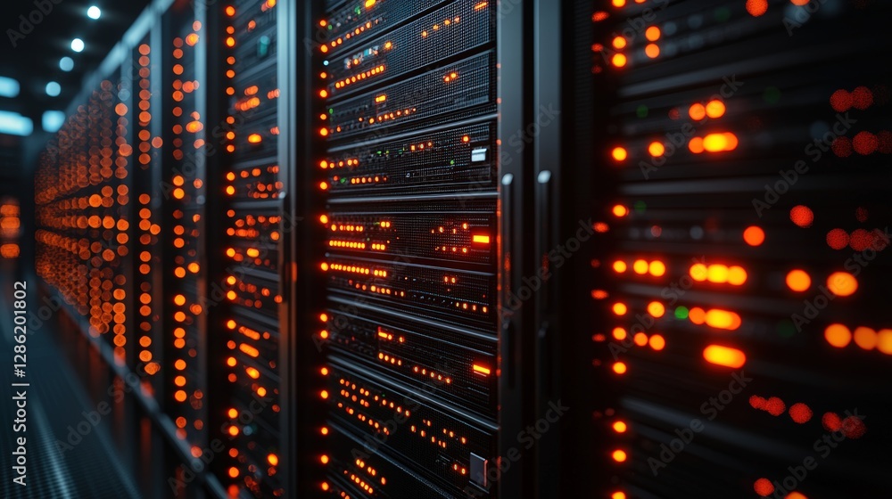 Poster a neatly arranged row of servers showcasing advanced technology and connectivity solutions