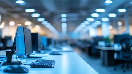 Row of computers sit on desks in an office space