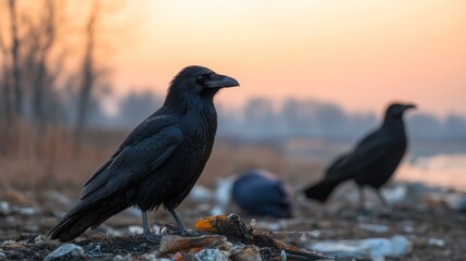 Obraz premium Landfill and Decomposition concept, A raven stands prominently by the water at sunset, with its companions in the background.