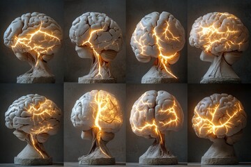 Series of images showing a brain with various electrical effects and signals