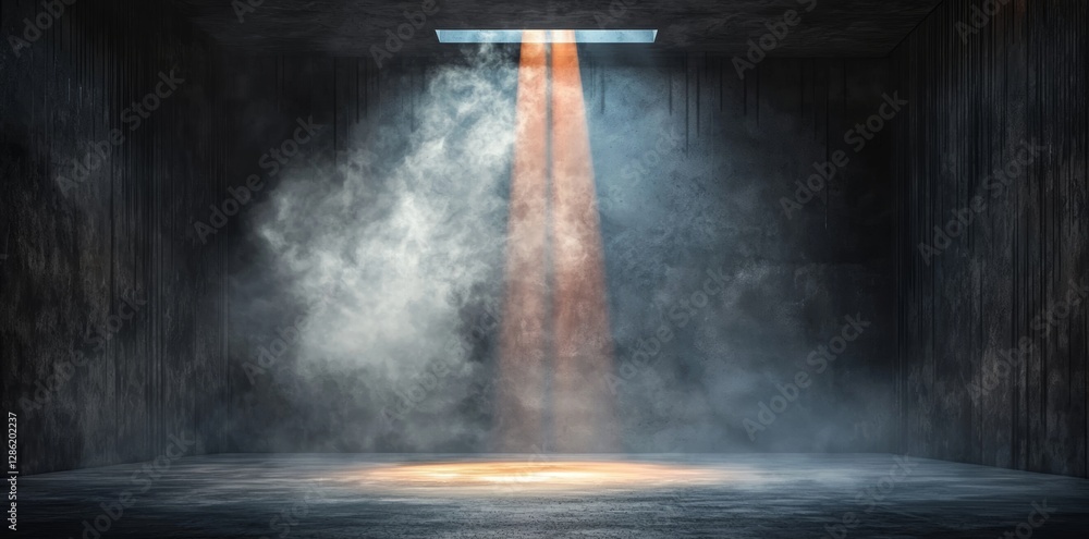 Poster 3d rendering in abstract style showing light asphalt in a dark street with smoke, set against a blac