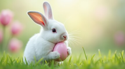 Obraz premium White bunny holding a pastel Easter egg on green grass with a floral backdrop