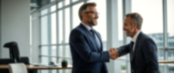 Blurred background depicting a side view of business partners concluding a meeting with a handshake